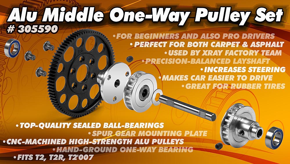 XRAY T2 Alu Middle One-Way Pulley Set 305590 - Afbeelding 2