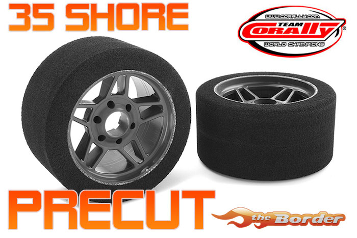 Corally Foam Tires 1/8 Precut 65mm - 35 Shore - Front - Carbon Flex Rims (2) C-14713-35