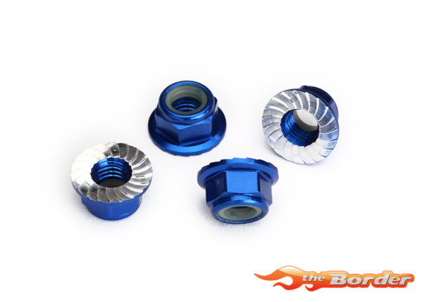Traxxas Nuts, 5mm flanged nylon locking (aluminum, blue-anodized, serrated) (4) 8447X