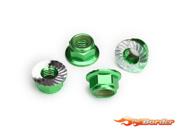 Traxxas Nuts, 5mm flanged nylon locking (aluminum, green-anodized, serrated) (4) 8447G