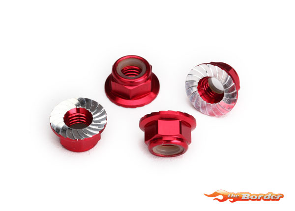Traxxas Nuts, 5mm flanged nylon locking (aluminum, red-anodized, serrated) (4) 8447R