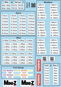 Kyosho Mini-Z Body / Banden / Veren / Shores Label Stickervel BRPD1051