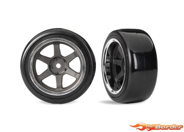 Traxxas Tires & wheels, glued (graphite gray wheels, 1.9" Drift tires (1 dot, hard, rough surfaces)) (wide, rear) 10575