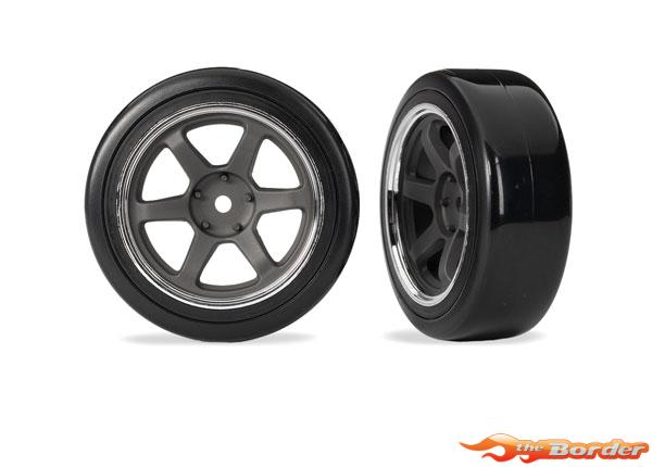 Traxxas Tires & wheels, glued (graphite gray wheels, 1.9" Drift tires (2 dots, soft, smooth surfaces)) (front) 10577
