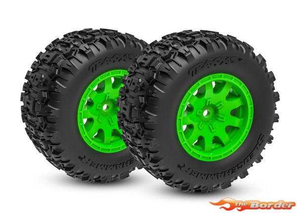 Traxxas Tires & wheels, assembled (green wheels, dual profile (2.1" outer, 2.6" inner), Sledgehammer tires, foam inserts)) (rear) (2) 10770-GRN