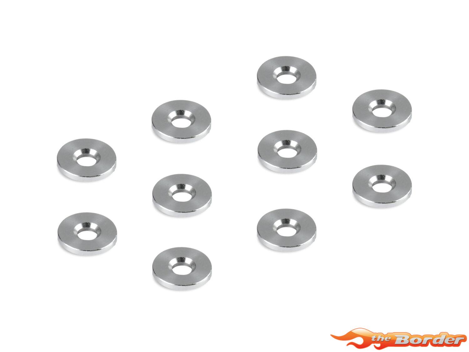 Alu shims with deeper countersunk, 3x9mm size, 1mm thick. Silver color, set of 10.