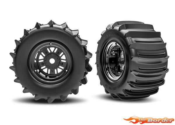 Traxxas Tires & Wheels, Assembled, Glued (Pro Scale Sand Car Race Black Chrome Wheels, Belted Paddle Tires, Dual Profile (3.6" Outer, 4.7" Inner), Foam Inserts) (Rear) (1 Left, 1 Right) 10973-BLKC