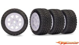 Mini Rally front tires offer superior traction on pavement, dirt, gravel, and more with a unique directional tread pattern captured in high-grip rubber. Tires come pre-glued and mounted to white 8-spoke Rally wheels. (Fits 12 mm hex, 2 front, 2 rear)