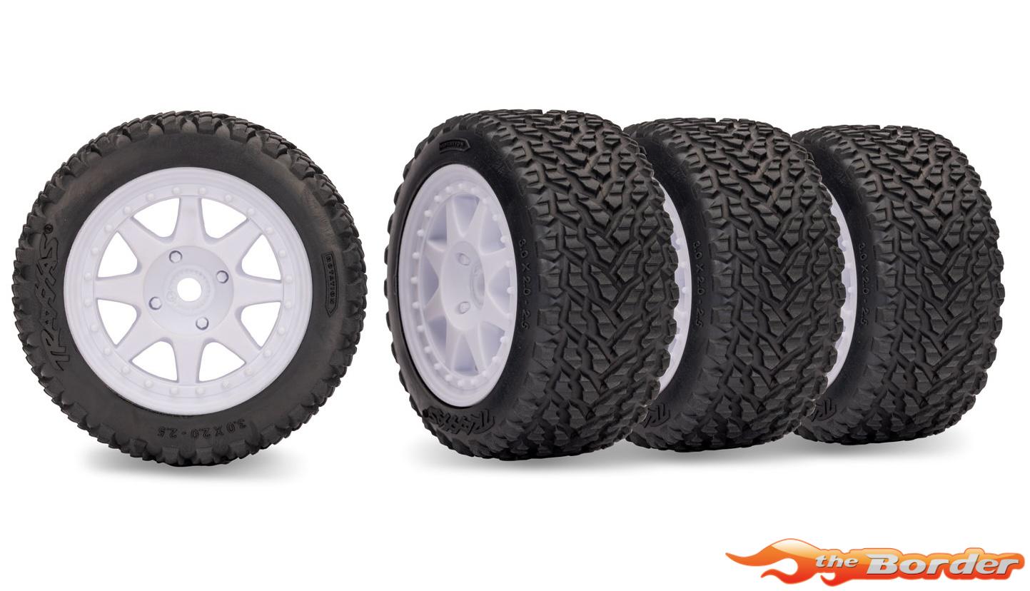 Mini Rally front tires offer superior traction on pavement, dirt, gravel, and more with a unique directional tread pattern captured in high-grip rubber. Tires come pre-glued and mounted to white 8-spoke Rally wheels. (Fits 12 mm hex, 2 front, 2 rear)