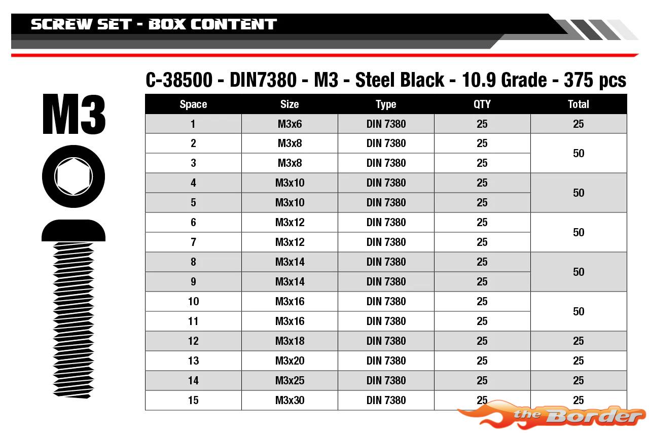 Corally M3 Screw Set - Black Hex Button Head (15 Sizes, 375pcs) C-38500 - Afbeelding 4