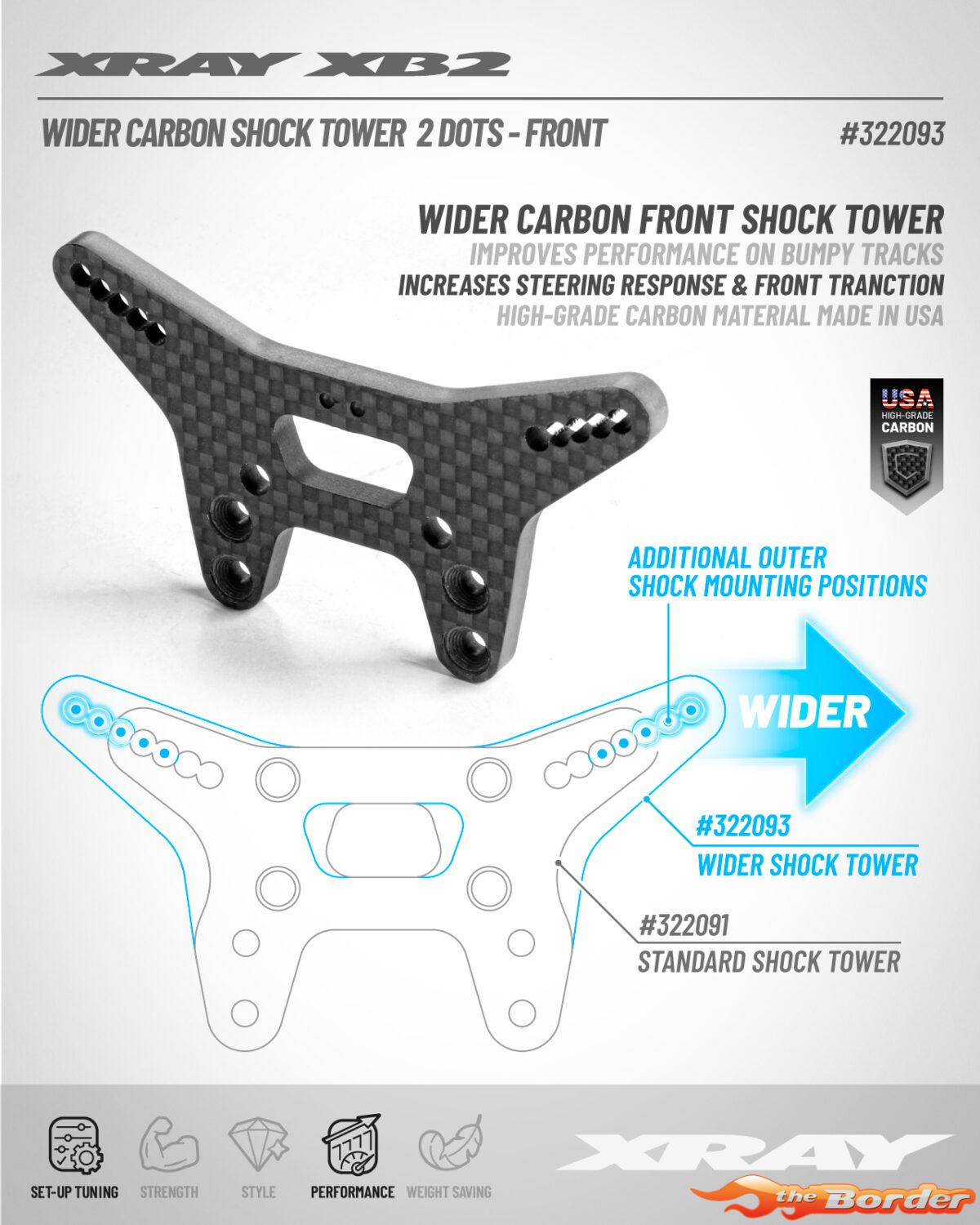 XRAY XB2 Wider Carbon Shock Tower for Bridge Upper Deck - 2 Dots - Front 322093
