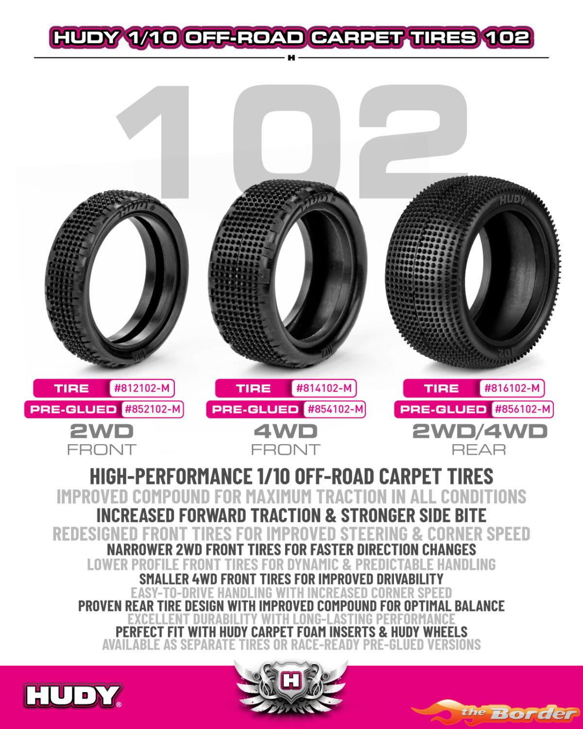 Hudy 1/10 Off-Road Pre-Glued Tire 4WD Front Carpet (2)102 Medium 854102-M